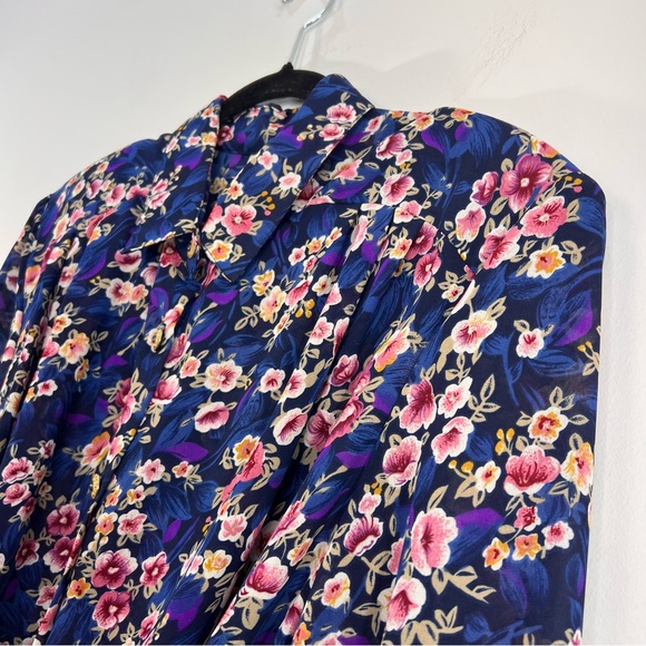 Vintage 80s blue floral chiffon sheer blouson belted long sleeve midi dress - Picture 9 of 17